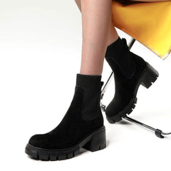 Classic Round Toe Lug Sole Suede Knit Sock Ankle Boots - Black