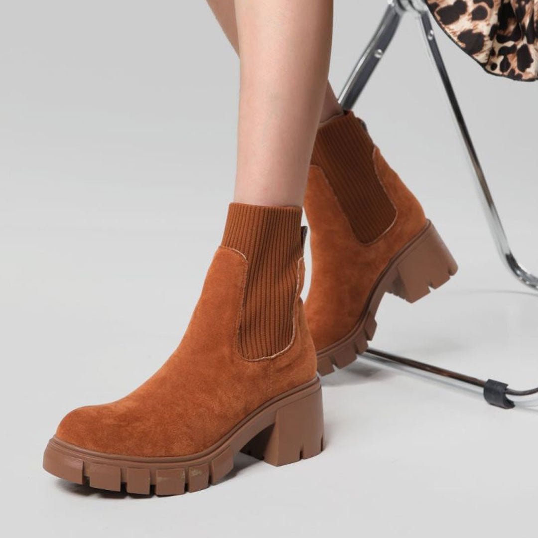 Classic Round Toe Lug Sole Suede Knit Sock Ankle Boots - Brown