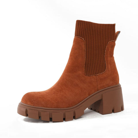 Classic Round Toe Lug Sole Suede Knit Sock Ankle Boots - Brown