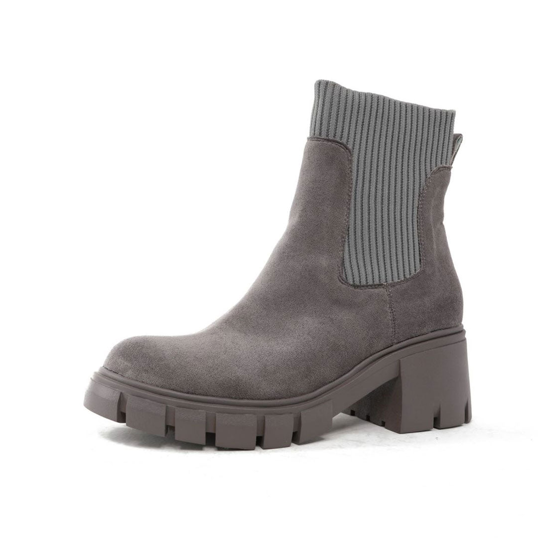 Classic Round Toe Lug Sole Suede Knit Sock Ankle Boots - Gray