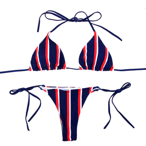 Klassisches Gestreiftes Triangel-Bikini-Set Mit Schnürung Und Schiebeverschluss - Dunkelblau