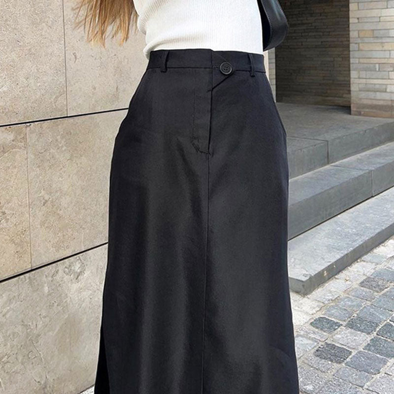 Classic Style High Waist Side Pocket Split Maxi Skirt - Black