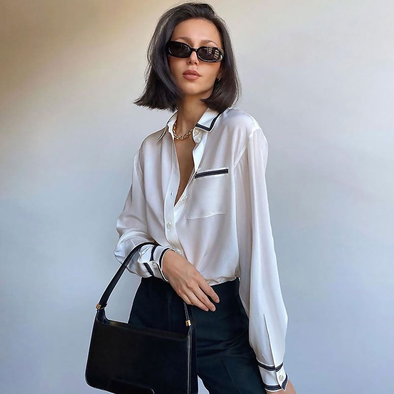 Classy Chiffon Contrast Trim Pointed Collar Long Sleeve Blouse - White