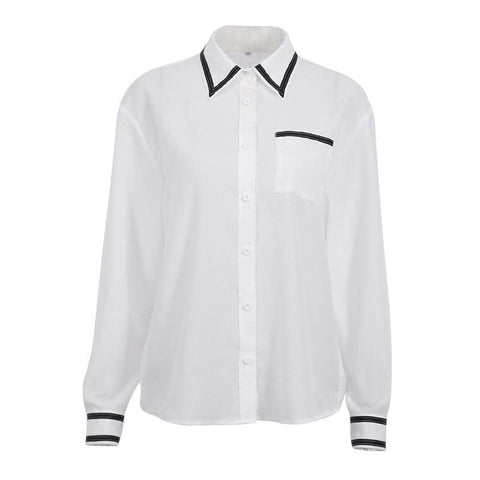 Classy Chiffon Contrast Trim Pointed Collar Long Sleeve Blouse - White