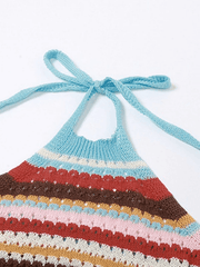 Color Block Stripe Knitted Halter Crop Cami Top