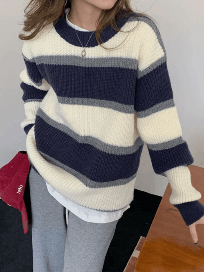 Color Block Striped Knit Sweater