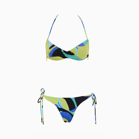 Flirty Color Block Neckholder-Bralette-Bikini-Set mit Bindeband und Farbblock - Blaugrün