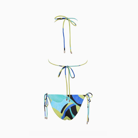 Flirty Color Block Neckholder-Bralette-Bikini-Set mit Bindeband und Farbblock - Blaugrün