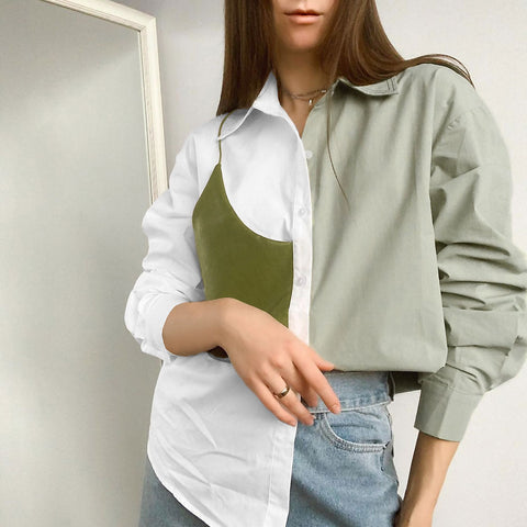 Camisa de manga larga con ribete de panel de color en contraste - Verde