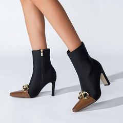 Contrast Metal Chain Pointed Toe High Heel Sock Ankle Boots - Chocolate