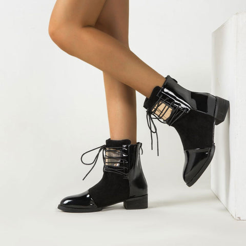 Contrast Panel Metal Trim Lace Up Ankle Boots - Black