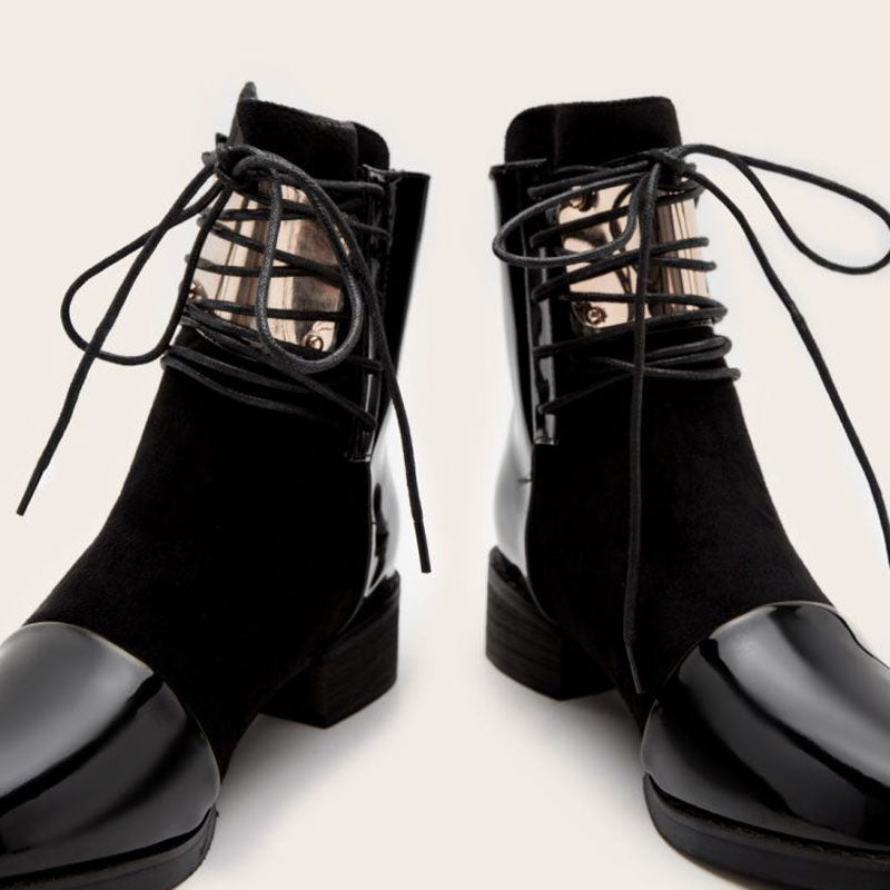 Contrast Panel Metal Trim Lace Up Ankle Boots - Black