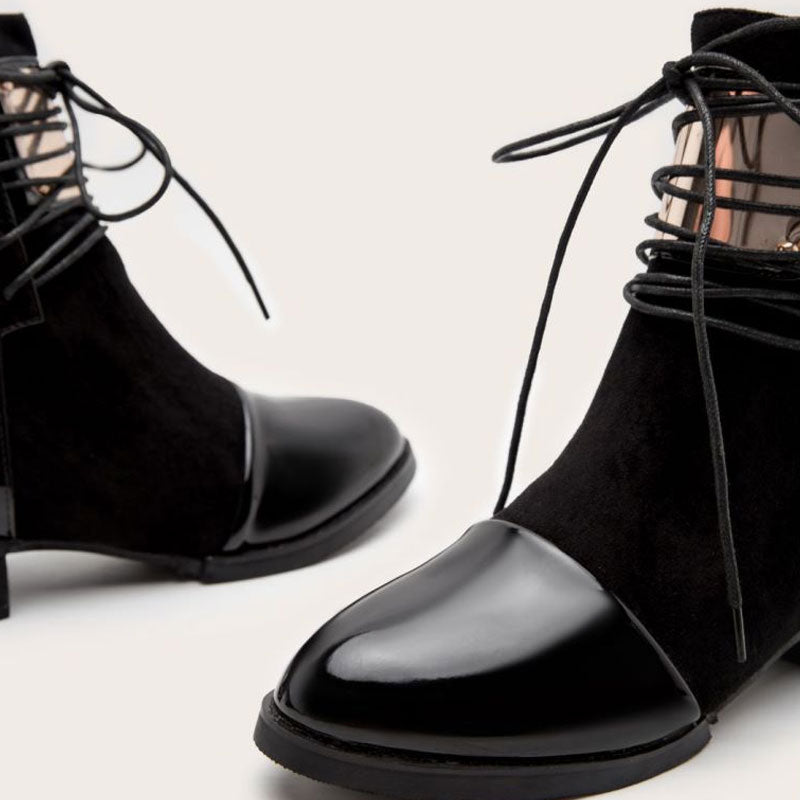 Contrast Panel Metal Trim Lace Up Ankle Boots - Black