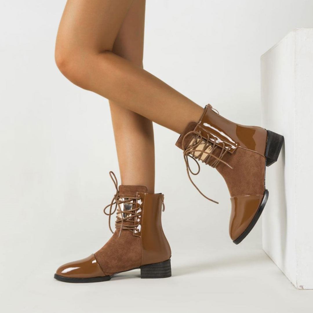 Contrast Panel Metal Trim Lace Up Ankle Boots - Brown