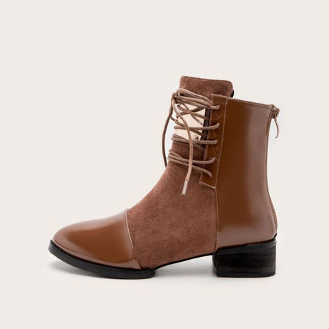 Contrast Panel Metal Trim Lace Up Ankle Boots - Brown