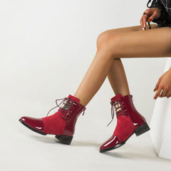 Contrast Panel Metal Trim Lace Up Ankle Boots - Red