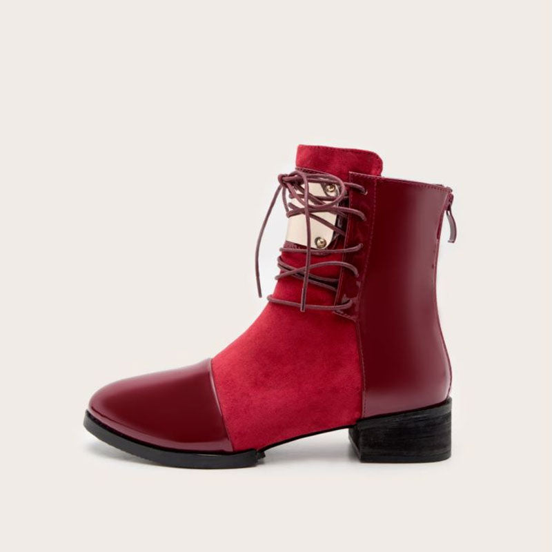 Contrast Panel Metal Trim Lace Up Ankle Boots - Red