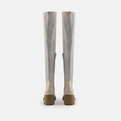 Contrast Panel Trim Lug Sole Chunky Heel Knit Knee High Sock Boots - Apricot
