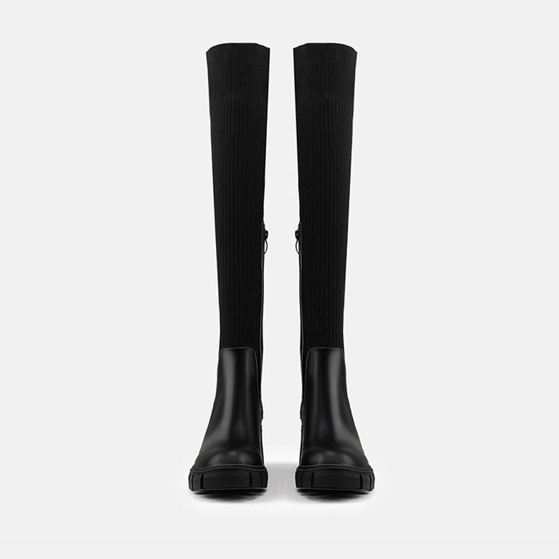 Contrast Panel Trim Lug Sole Chunky Heel Knit Knee High Sock Boots - Black