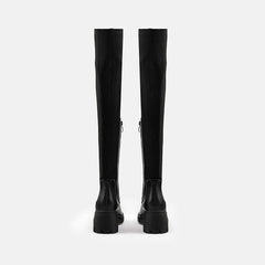 Contrast Panel Trim Lug Sole Chunky Heel Knit Knee High Sock Boots - Black