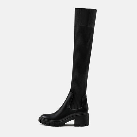 Contrast Panel Trim Lug Sole Chunky Heel Knit Knee High Sock Boots - Black