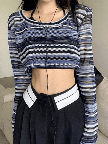 Crop Top aus Häkelstrick mit Kontraststreifen