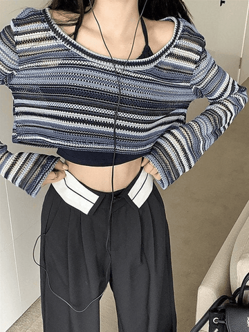 Crop Top aus Häkelstrick mit Kontraststreifen