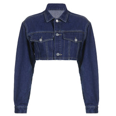Cool Long Sleeve Flapped Crop Denim Jacket - Blue