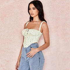 Cottagecore Self Tie Floral Printed Cropped Boned Corset Top - Yellow