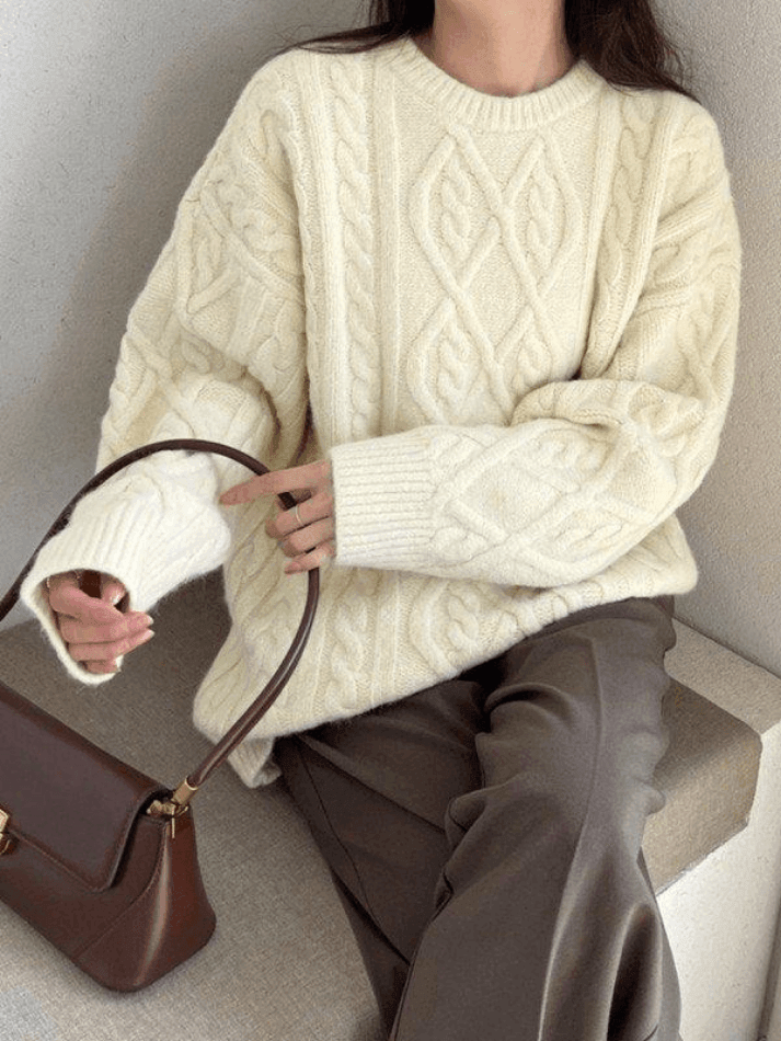 Crew Neck Cable Knit Pullover Sweater