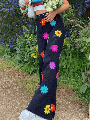 Crochet Knit Flower Straight-Leg Pants