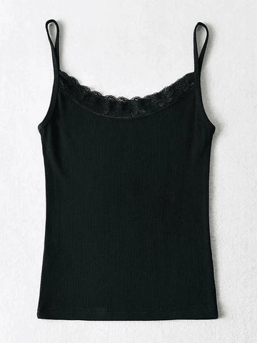 Kurzes geripptes Camisole-Oberteil mit Spitzenbesatz