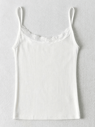 Kurzes geripptes Camisole-Oberteil mit Spitzenbesatz