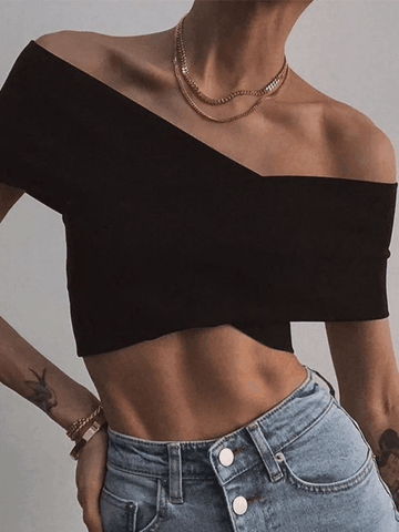 Schwarzes Crop-Top mit überkreuztem Saum