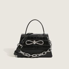 Crystal Bowknot Animal Pattern Chain Trim Handle Bag - Black