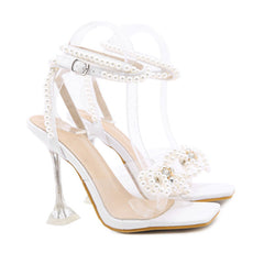 Crystal Pearl Strap Bowknot Trim Unique High Heel Sandals - White