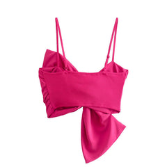 Cute Bow Tie Embellished Ribbed Trim Sleeveless Crop Top - Hot Pink