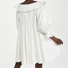 Cute Chelsea Collar V Neck Balloon Sleeve Babydoll Mini Dress - White