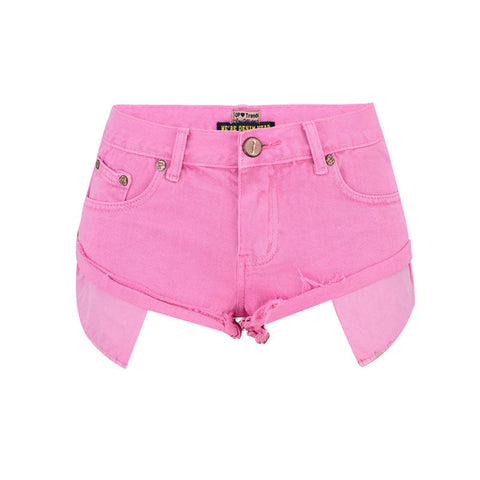 Shorts vaqueros desgastados de tiro bajo color macarrón - Rosa