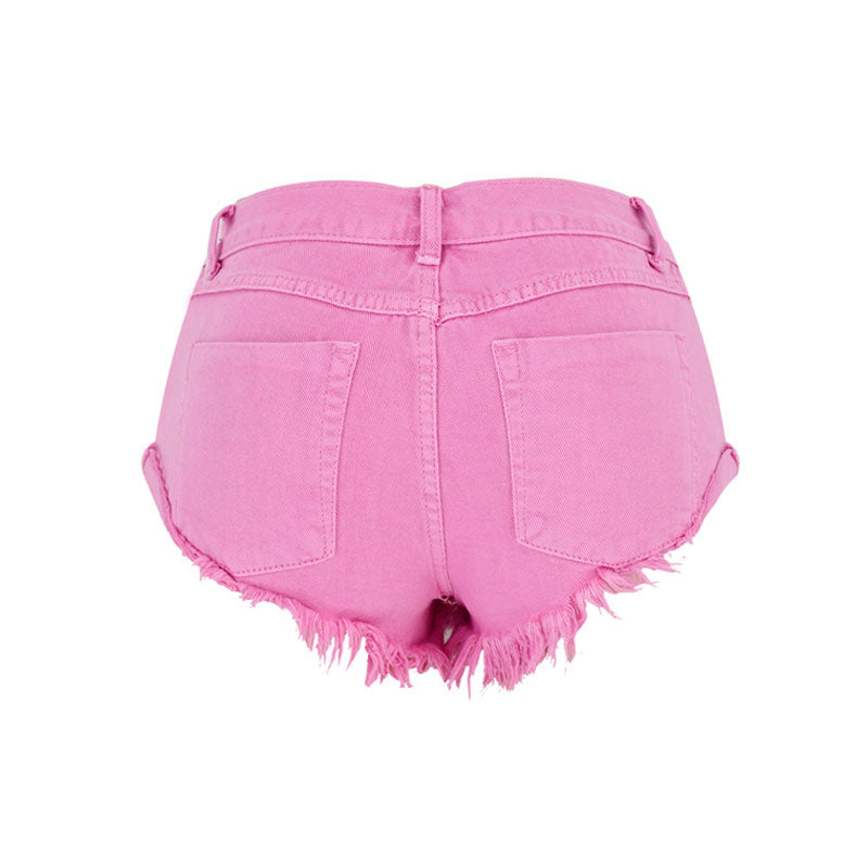 Shorts vaqueros desgastados de tiro bajo color macarrón - Rosa