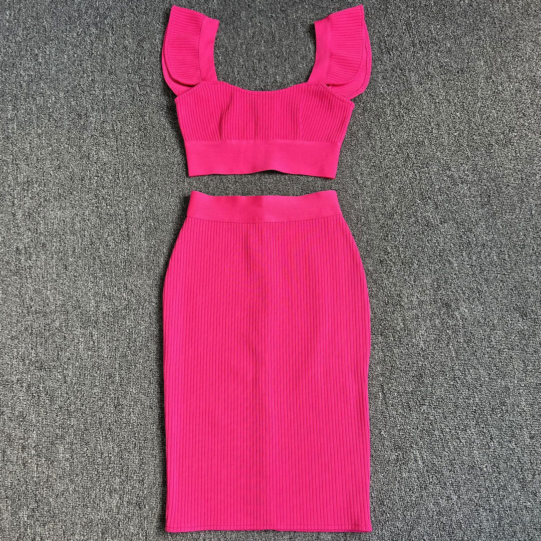 Cute Rib Knit Bandage Crop Top Bodycon Midi Skirt Matching Set - Hot Pink