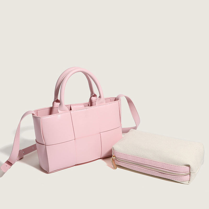 Precioso bolso tote vegano con asa superior, color liso, con diseño intrecciato - Rosa