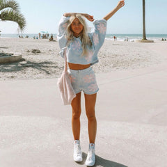 Cute Floral Print Pullover Knit Shorts Matching Set - Blue