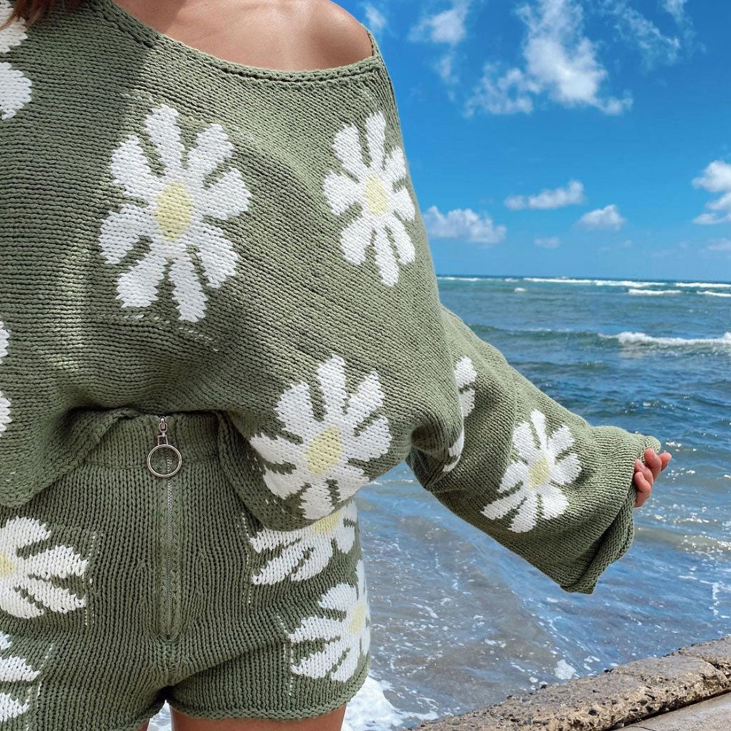 Cute Floral Print Pullover Knit Shorts Matching Set - Green