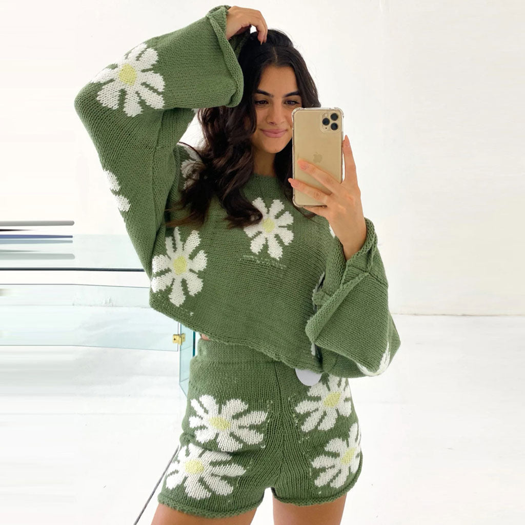 Cute Floral Print Pullover Knit Shorts Matching Set - Green