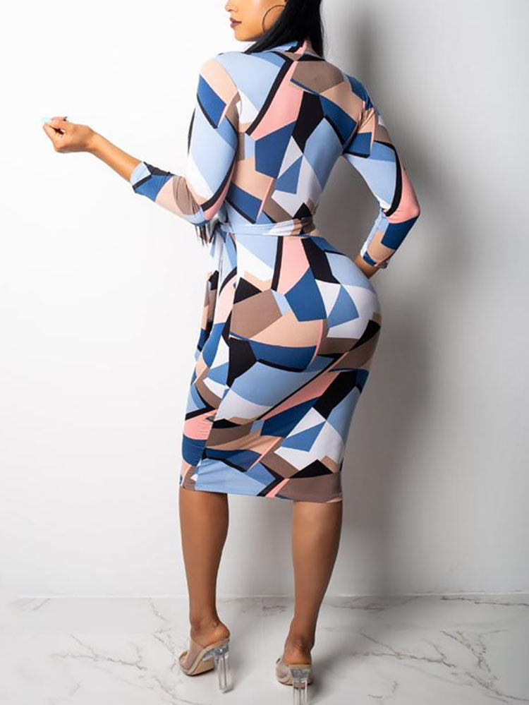 Zipper Front Print Midi Dress