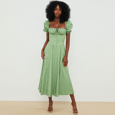 Daisy Printed Puff Sleeve High Slit Smock Maxi Sundress - Green