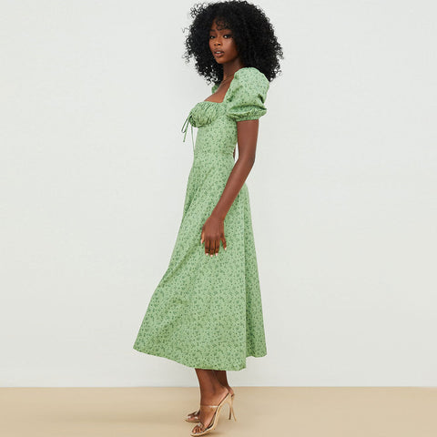 Daisy Printed Puff Sleeve High Slit Smock Maxi Sundress - Green