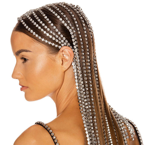 Dangling Rhinestone Embellished Long Fringe Headband - Silver