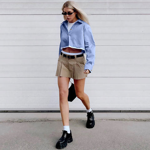 Camisa corta de manga larga con ribete desgastado y deconstruido - Azul